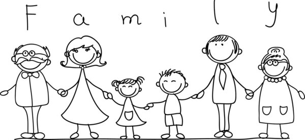 Felice famiglia che si tiene per mano Disegno a mano isolato su sfondo bianco — Vettoriale Stock
