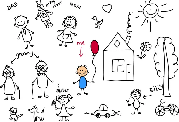 Familia feliz, dibujo infantil, el vector — Vector de stock