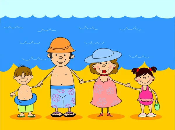 Happy family holding hands in bathing suits at sea — Stock Vector