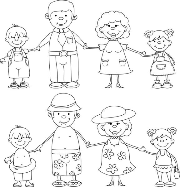 Kolorowanie szczęśliwą rodzinę, trzymając się za ręce, czarno-biały — Wektor stockowy