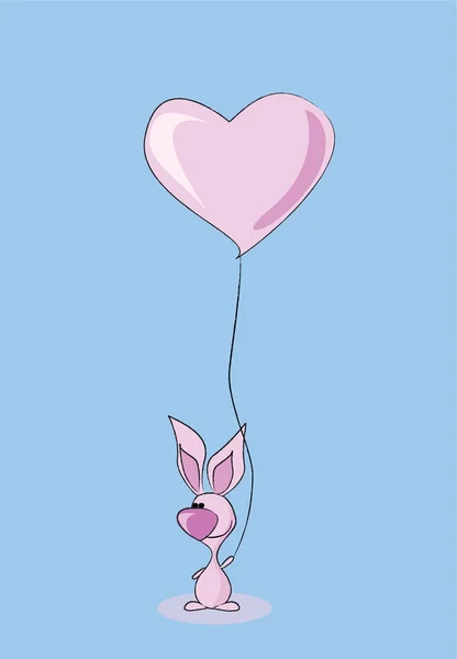 Pink bunny holds a balloon heart — Stock Vector