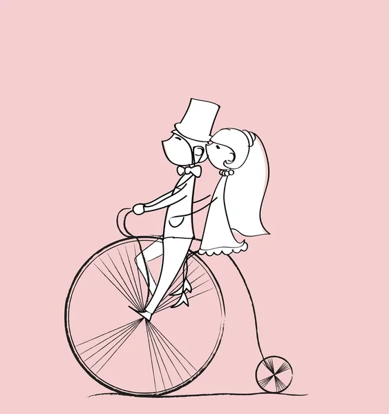 婚礼图片，新娘和新郎骑自行车，矢量 — 图库矢量图片
