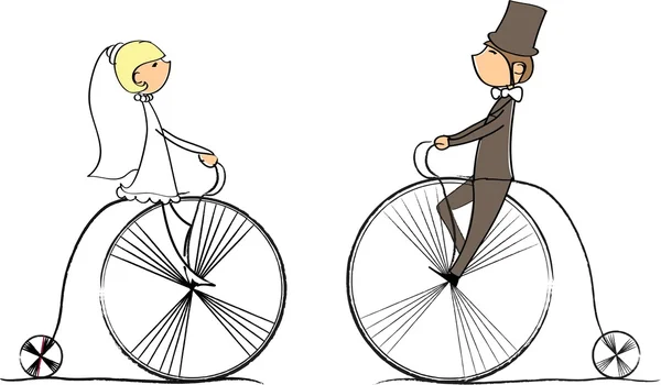 Wedding picture, bride and groom ride bikes, vector — Stock Vector
