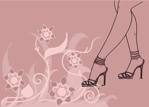 Hermosos pies femeninos en sandalias de moda en el fondo floral abstracto — Vector de stock