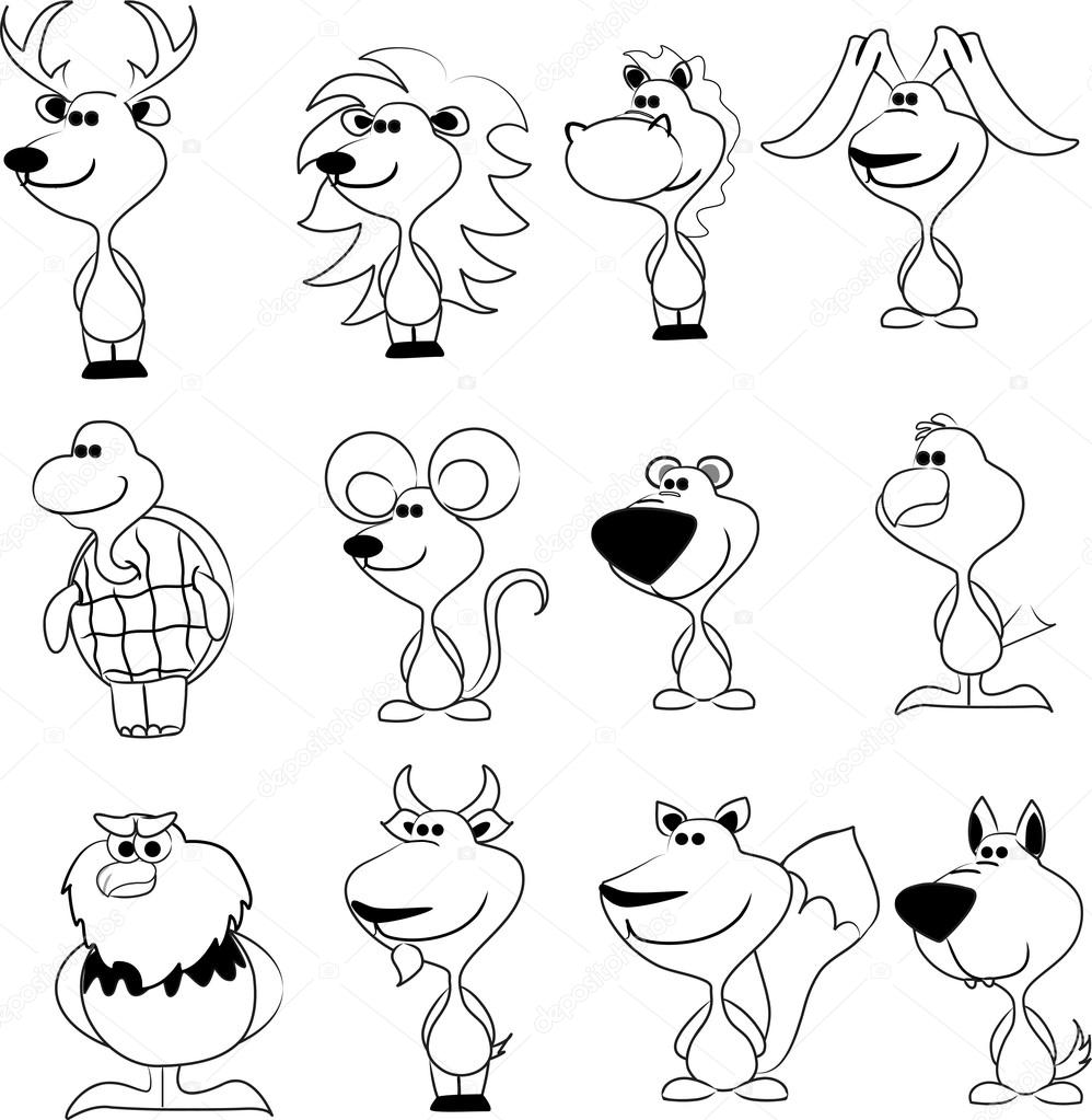 Jeu de coloriage de différents animaux mignons noir et blanc vectorielles — Image vectorielle