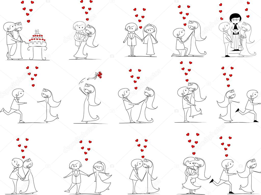 Set of wedding pictures, bride and groom in love, the vector