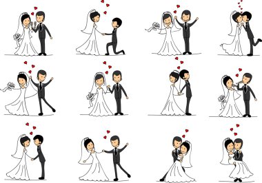 Düğün resimleri, gelin ve damat aşk, vektör kümesi