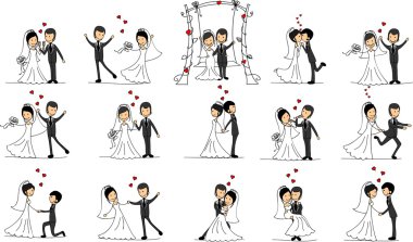 Düğün resimleri, gelin ve damat aşk, vektör kümesi