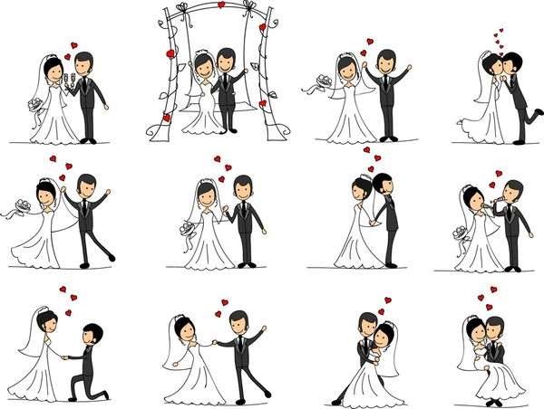 Conjunto de fotos de boda, novia y novio en el amor, el vector — Vector de stock