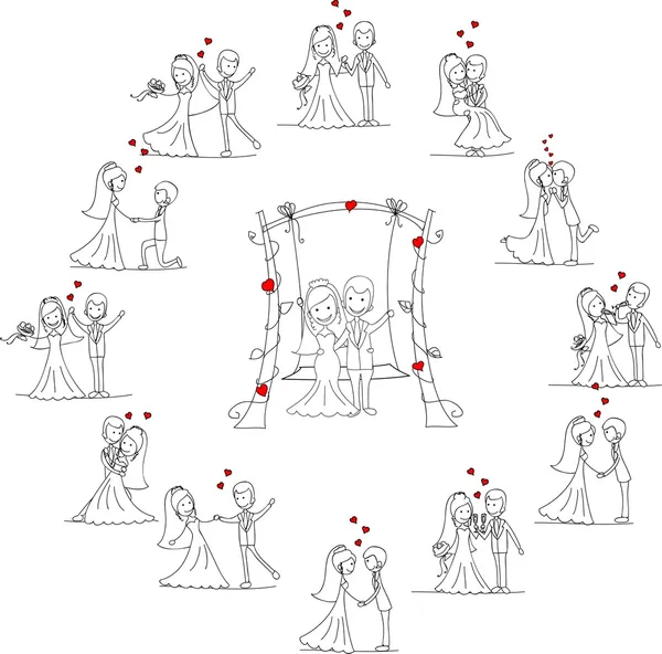 Set di immagini di nozze, sposa e sposo innamorati, il vettore — Vettoriale Stock