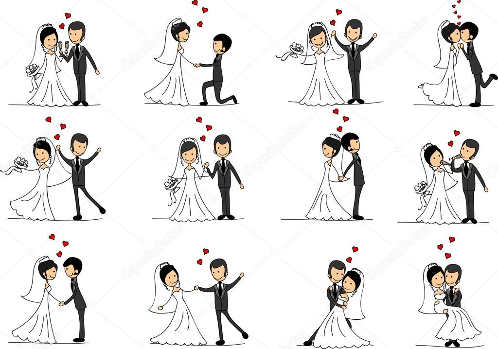 Set of wedding pictures, bride and groom in love, the vector