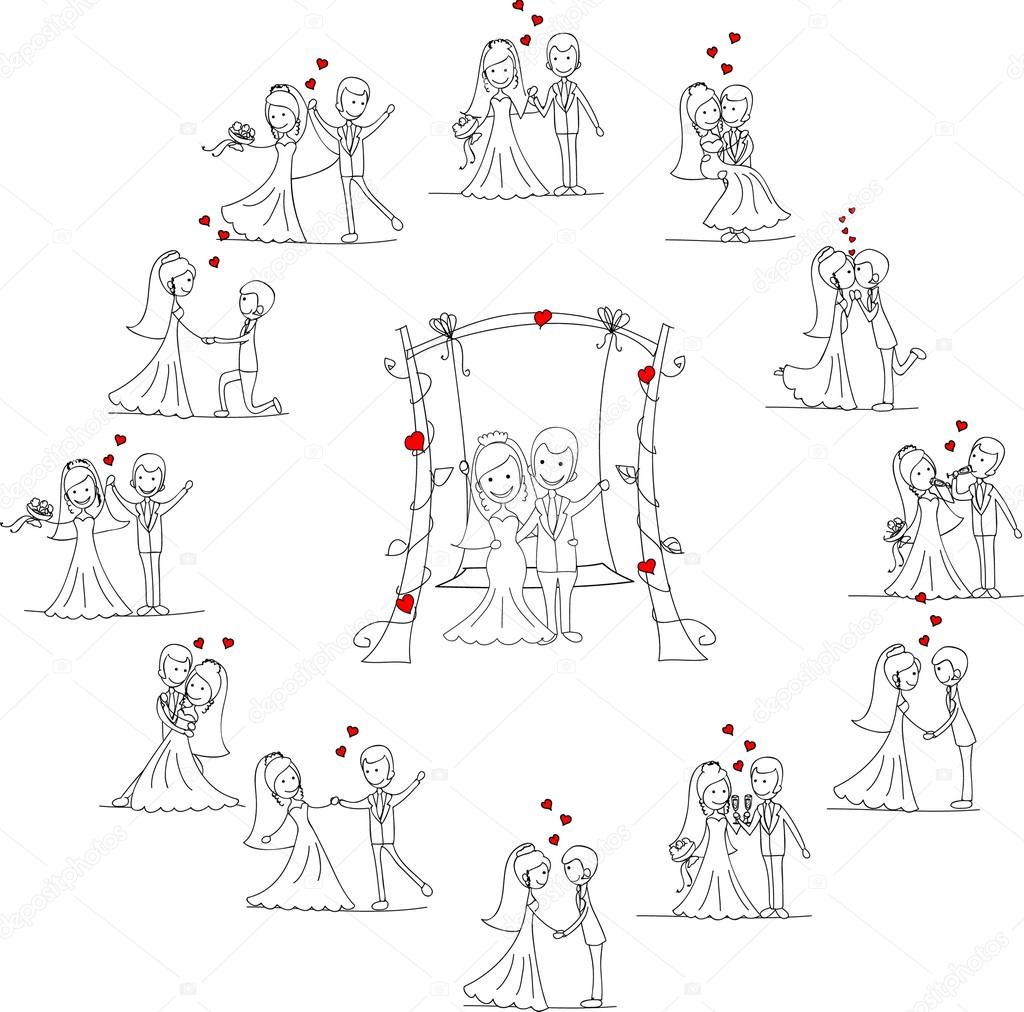 Set of wedding pictures, bride and groom in love, the vector