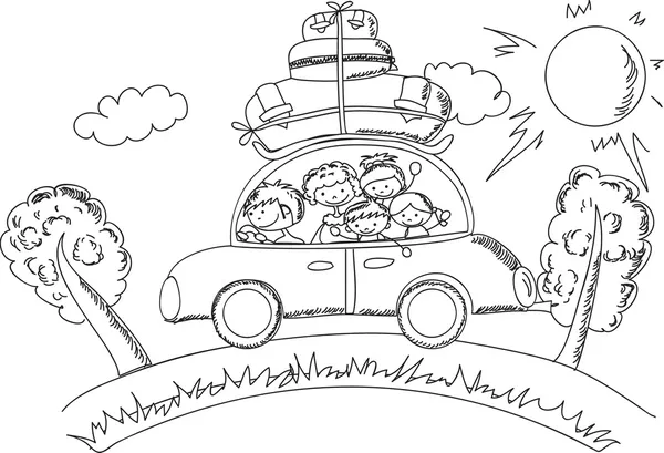 Mutlu bir aile arabayla tatile gidiyor — Stok Vektör