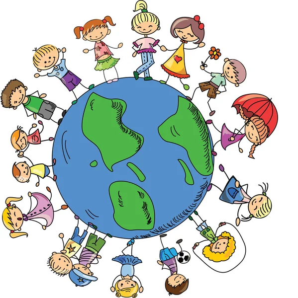 Cute children holding hands around the globe, the vector — Stock Vector