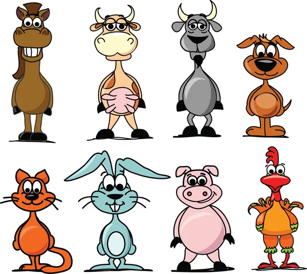 国内農場の動物、牛、豚、羊、ウサギ、ヤギ、犬、犬、オンドリ、馬、猫を設定します。 — ストックベクタ