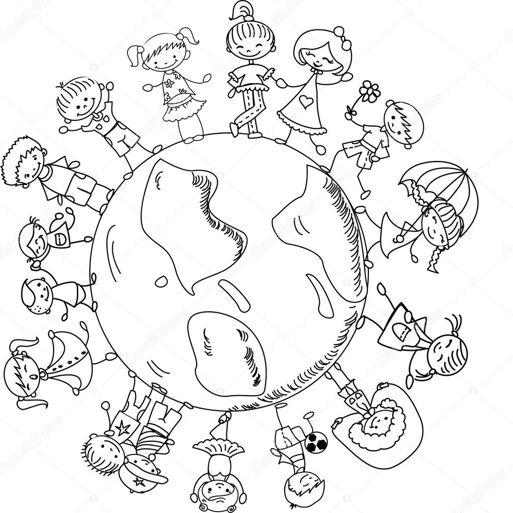 Cute children holding hands around the globe, black and white cartoon picture