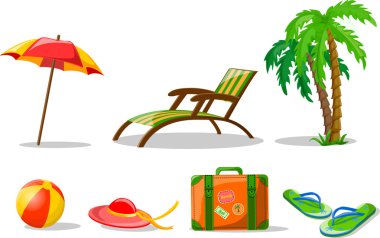 seyahat simgeler, palm, top, lounge, şemsiye, kova kürek, parmak arası terlik ve bavul