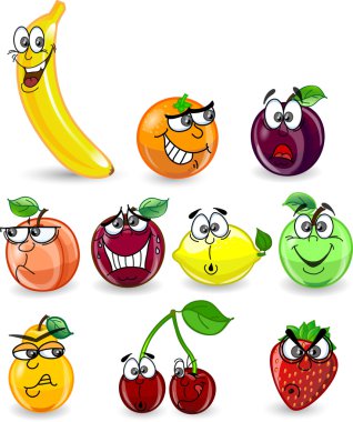 Cartoon portakal, muz, elma, çilek, armut, kiraz, şeftali, Erik, limon, üzüm, karpuz, ahududu, ananas