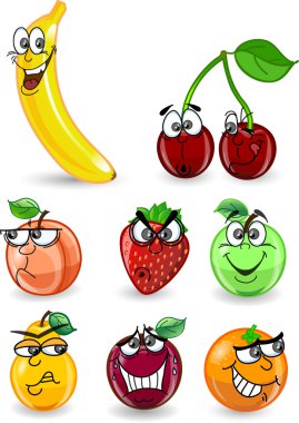 Cartoon portakal, muz, elma, çilek, armut, kiraz, şeftali, Erik, limon, üzüm, karpuz, ahududu, ananas