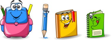 Cartoon okul çantaları, kalem, kitap, defter