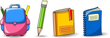 Cartoon okul çantaları, kalem, kitap, defter