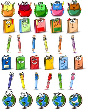 Cartoon okul çantaları, kalem, kitap, defter