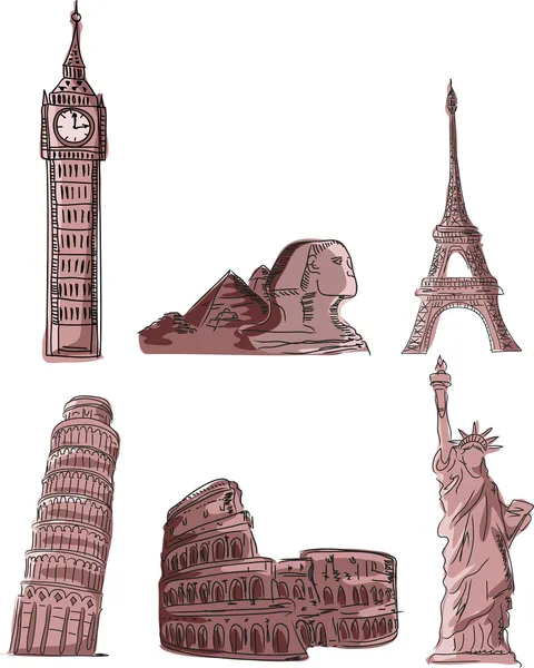 Architecturale monumenten, scheve toren van pisa, de Eiffeltoren, de big ben, het colosseum, de piramides, de statue of liberty — Stockvector