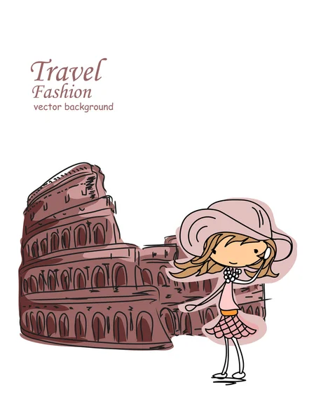 Módní karikatura dívka cestuje po světě, vektorové pozadí — Stockový vektor