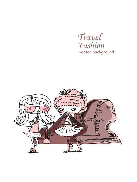 Fashion Cartoon Girl travels the world, vector background — Stock Vector