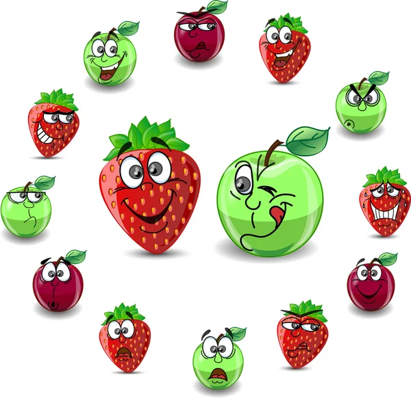 Emotie cartoon aardbeien en appels — Stockvector