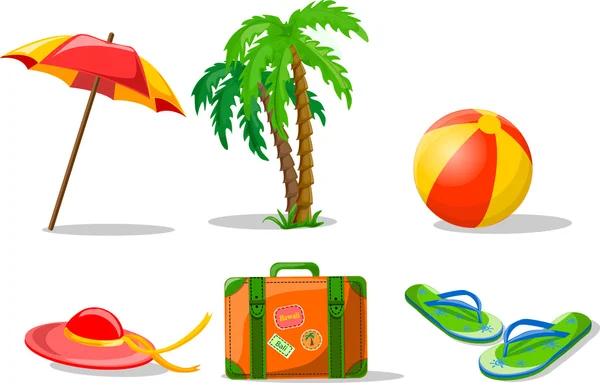 Фон путешествия, пальма, мяч, шлепанцы и чемодан — стоковый вектор