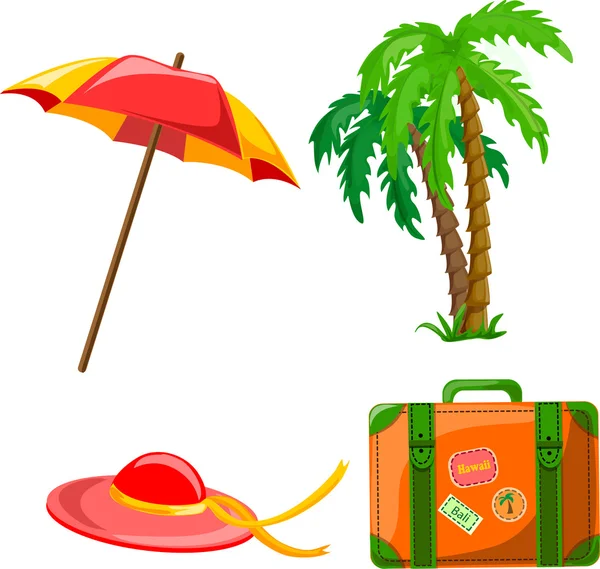 Cartoon palm, umbrella, hat and suitcase — Stock Vector