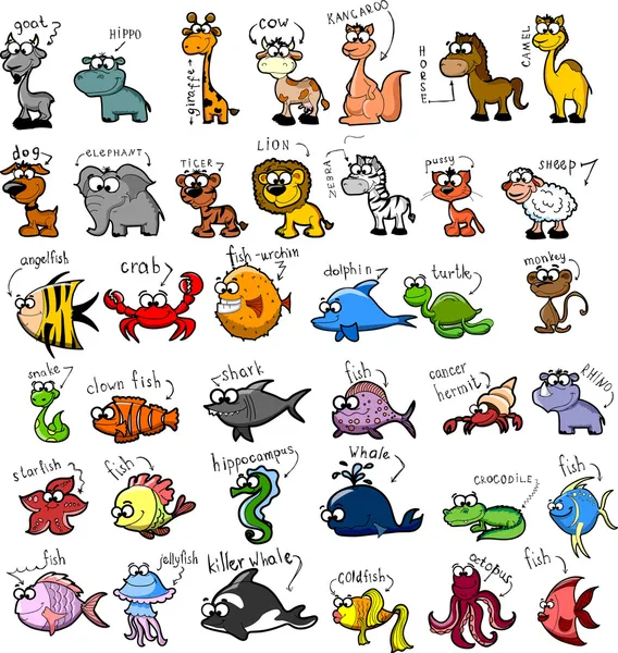 Gran conjunto de animales de dibujos animados, vector — Vector de stock