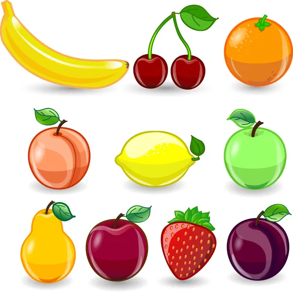 Cartone animato arancio, banana, mele, fragola, pera, ciliegia, pesca, prugna, limone, uva, anguria, lampone — Vettoriale Stock