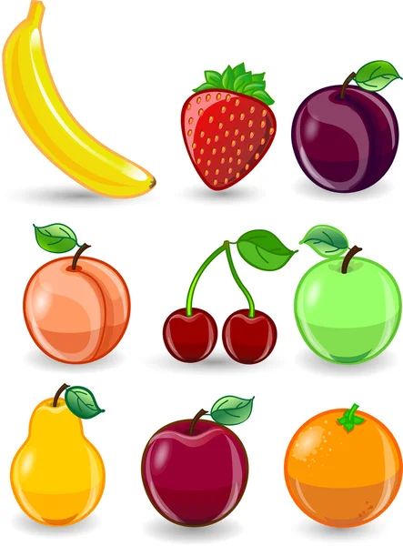 Caricature orange, banane, pommes, fraise, poire, cerise, pêche, prune, citron, raisin, pastèque, framboise — Image vectorielle