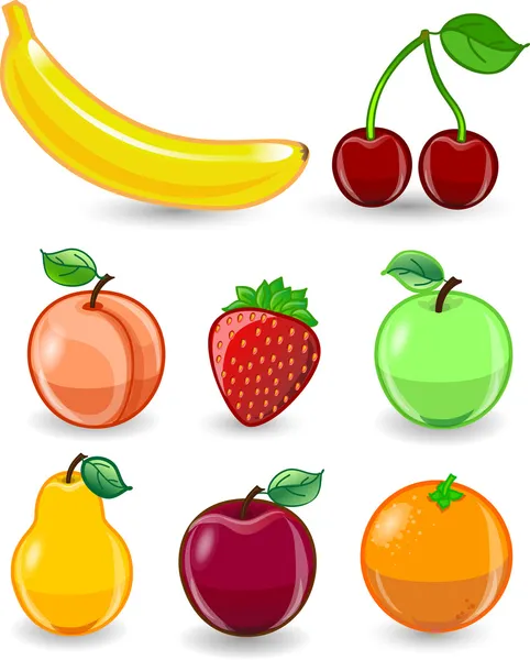 Naranja de dibujos animados, plátano, manzanas, fresa, pera, cereza, melocotón, ciruela, limón, uvas, sandía, frambuesa — Vector de stock