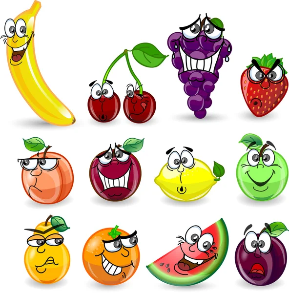 Desenhos animados laranja, banana, maçãs, morango, pêra, cereja, pêssego, ameixa, limão, uvas, melancia, framboesa, abacaxi — Vetor de Stock