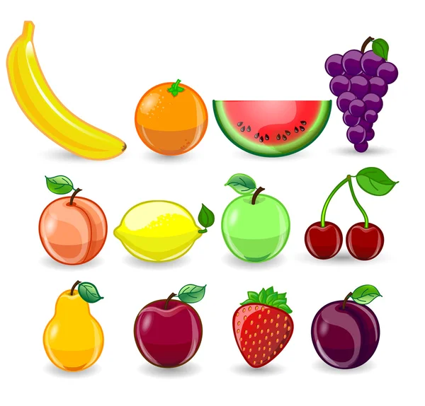 Desenhos animados laranja, banana, maçãs, morango, pêra, cereja, pêssego, ameixa, limão, uvas, melancia, framboesa — Vetor de Stock