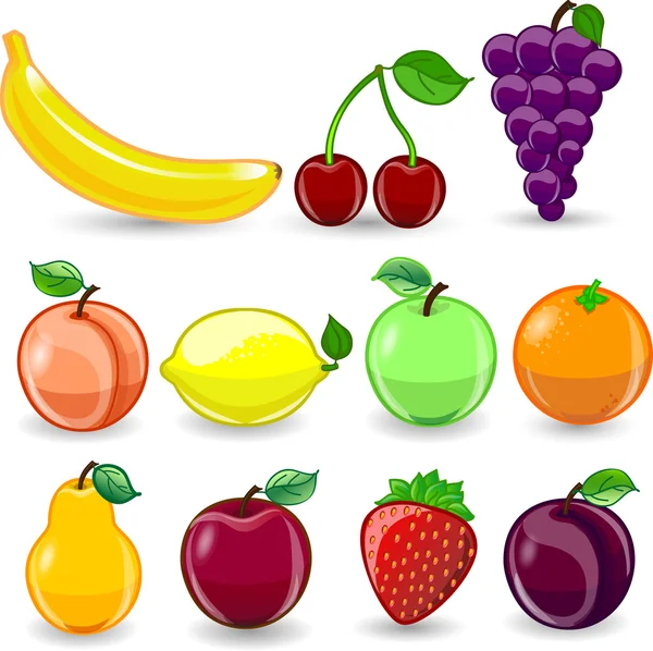 Naranja de dibujos animados, plátano, manzanas, fresa, pera, cereza, melocotón, ciruela, limón, uvas, sandía, frambuesa — Vector de stock