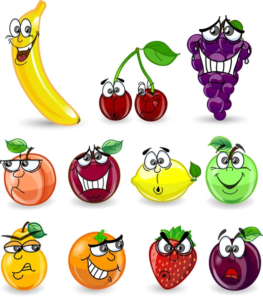 Cartoon oranje, bananen, appels, aardbei, peer, kers, perzik, pruim, citroen, druiven — Stockvector