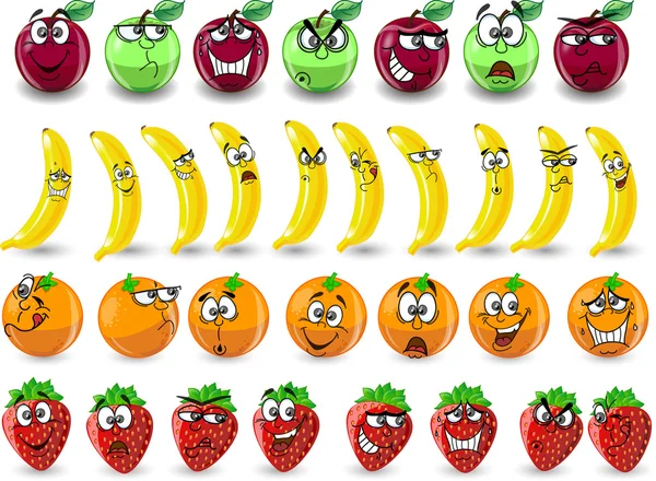 Cartoon oranges, bananas, apples, strawberries with emotions — Stock Vector