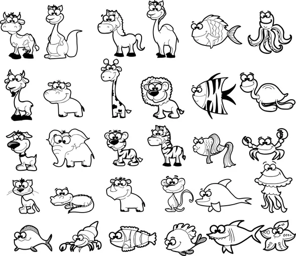 Grande set di animali dei cartoni animati in bianco e nero, vettore — Vettoriale Stock