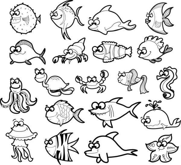 Gran conjunto de dibujos animados animales marinos — Vector de stock