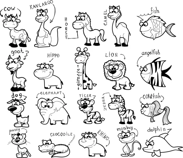 Gran conjunto de dibujos animados animales blanco y negro — Vector de stock