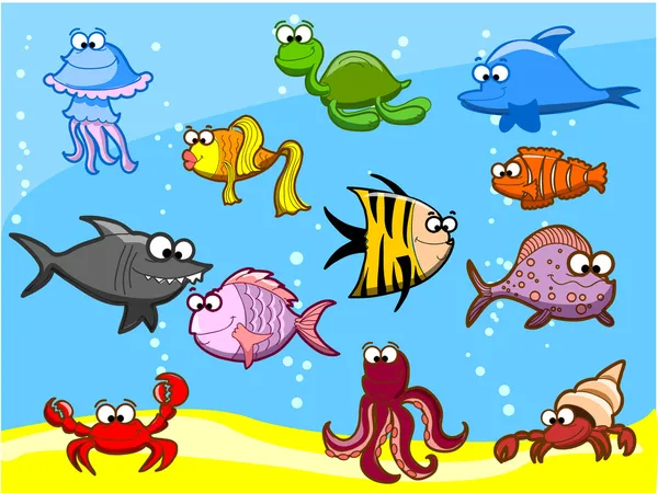 Peces de dibujos animados en el mar, ilustración vectorial — Vector de stock