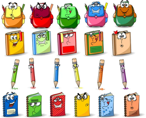 Bolsos de la escuela de dibujos animados, lápices, libros, cuadernos — Vector de stock