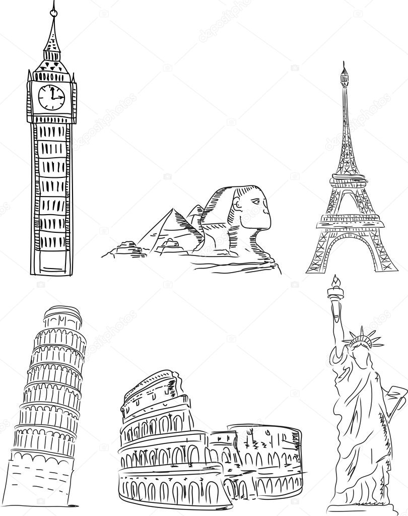 Architectural monuments, Leaning Tower of Pisa, the Eiffel Tower, Big Ben, the Colosseum, the pyramids, the Statue of Liberty