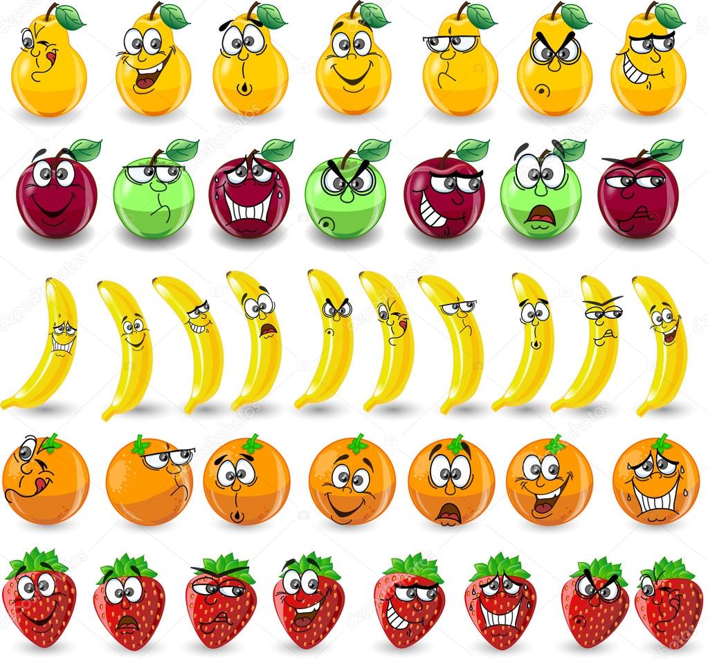 Cartoon oranges, bananas, apples, strawberries,pears with emotions