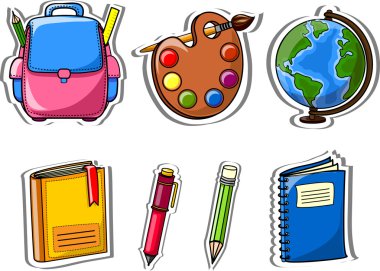 çizgi film okul çantası, kalem, kitap, defter, kalem, Küre, palet boya