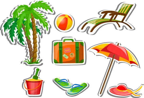 Iconos de viaje, palma, pelota, salón, paraguas, cubo con pala, chanclas y maleta — Vector de stock